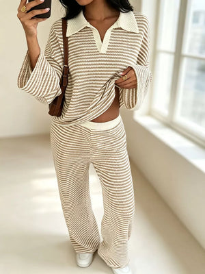 Striped Long Sleeve Polo And Wide-leg Pants Set in Green, view 14