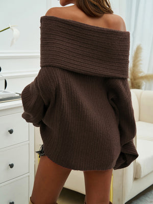 Off-the-shoulder ribbed knit sweater in chocolate brown with a relaxed cocoon fit.