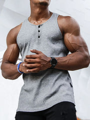 Gray ribbed henley muscle tank top with button placket and crew neck.