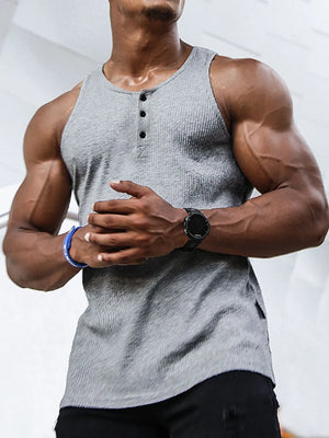 Gray ribbed henley muscle tank top with button placket and crew neck.