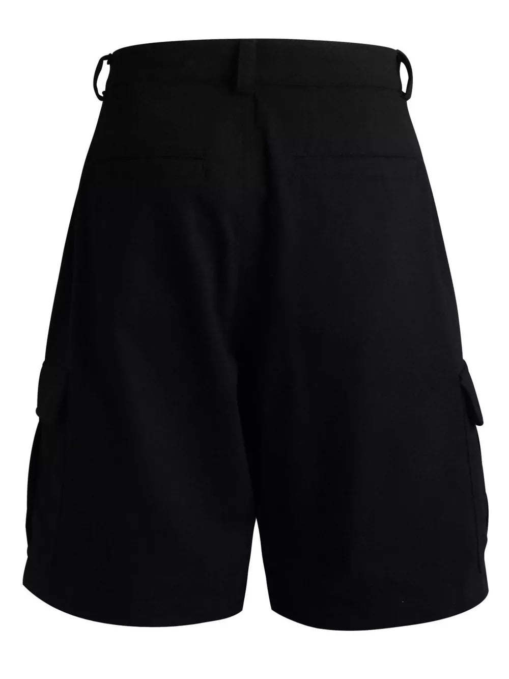 Black cargo shorts for men with button flap pockets and adjustable waist tabs.