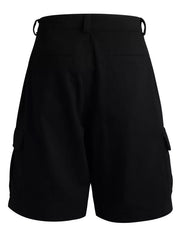 Black cargo shorts for men with button flap pockets and adjustable waist tabs.