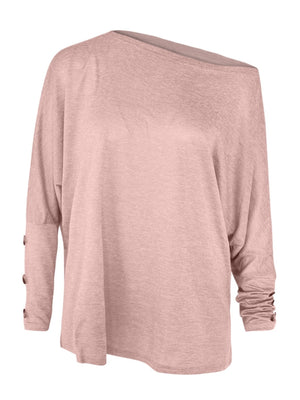Off-the-shoulder dolman top in dusty pink with button cuff detail