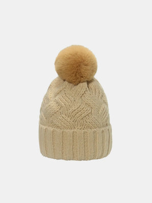Beige cable knit pom beanie with ribbed cuff
