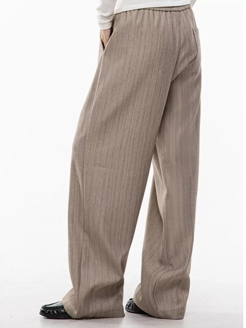 Khaki pinstripe wide-leg pleated trousers with drawstring waist for men.