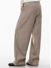 Khaki pinstripe wide-leg pleated trousers with drawstring waist for men.