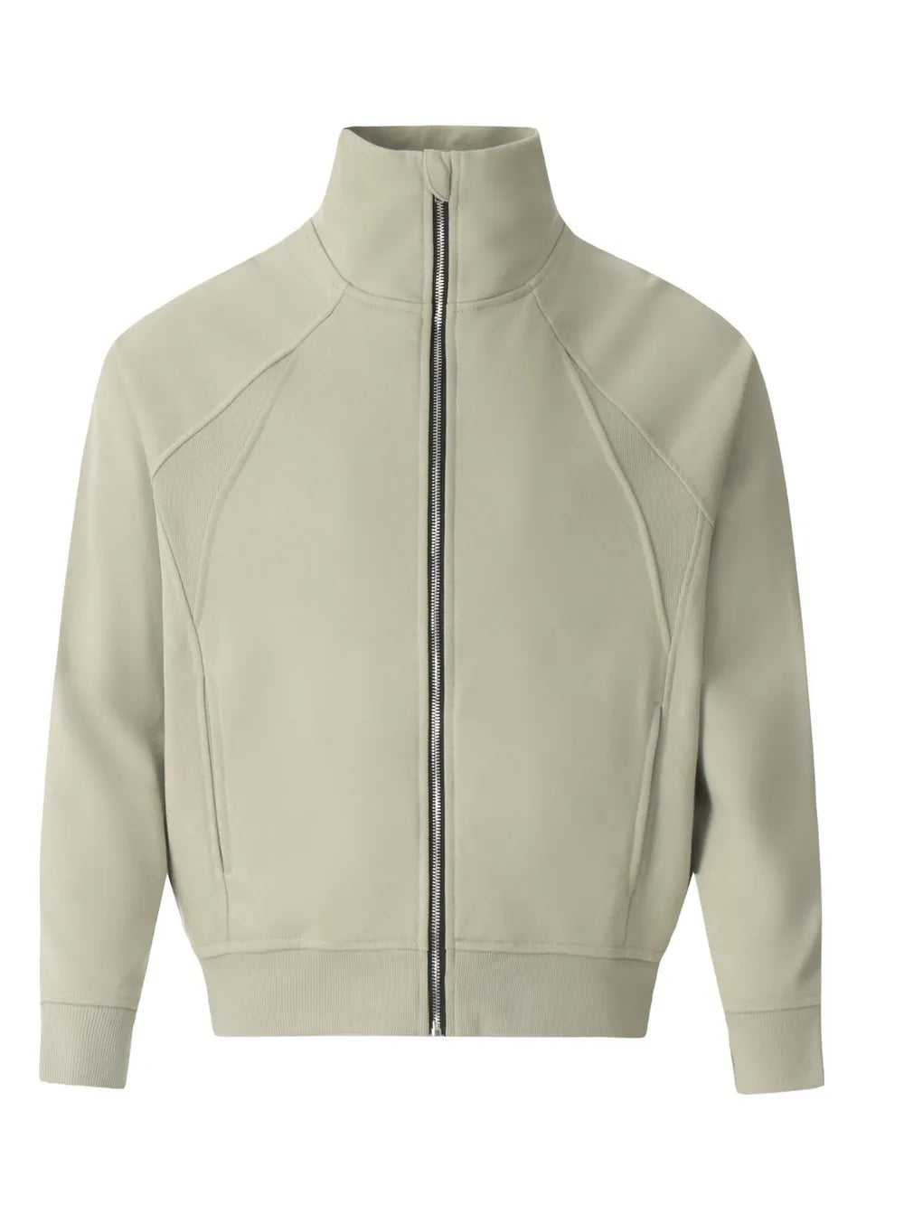Sage zip-up sweatshirt with sculpted seams and mock neck.