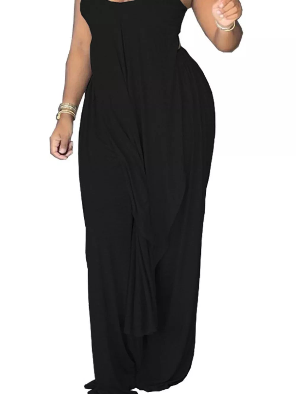 Black asymmetrical hem cami and wide-leg pants set with draped detail.