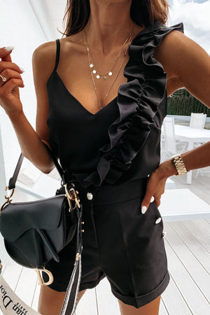 Black camisole with asymmetric ruffle strap and V-neckline
