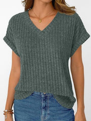 Relaxed fit ribbed V-neck t-shirt in army green with cuffed short sleeves.