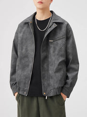 Men's dark gray zip-up leather jacket with a chest pocket detail.