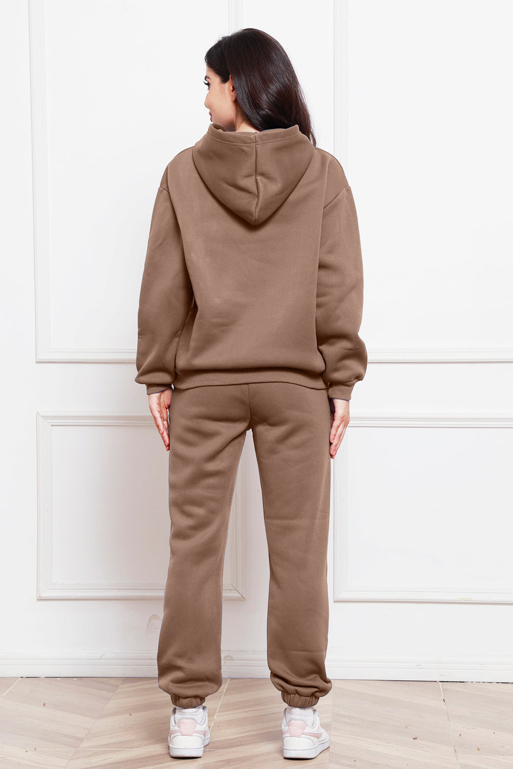 Mocha relaxed fit hoodie and joggers set, back view