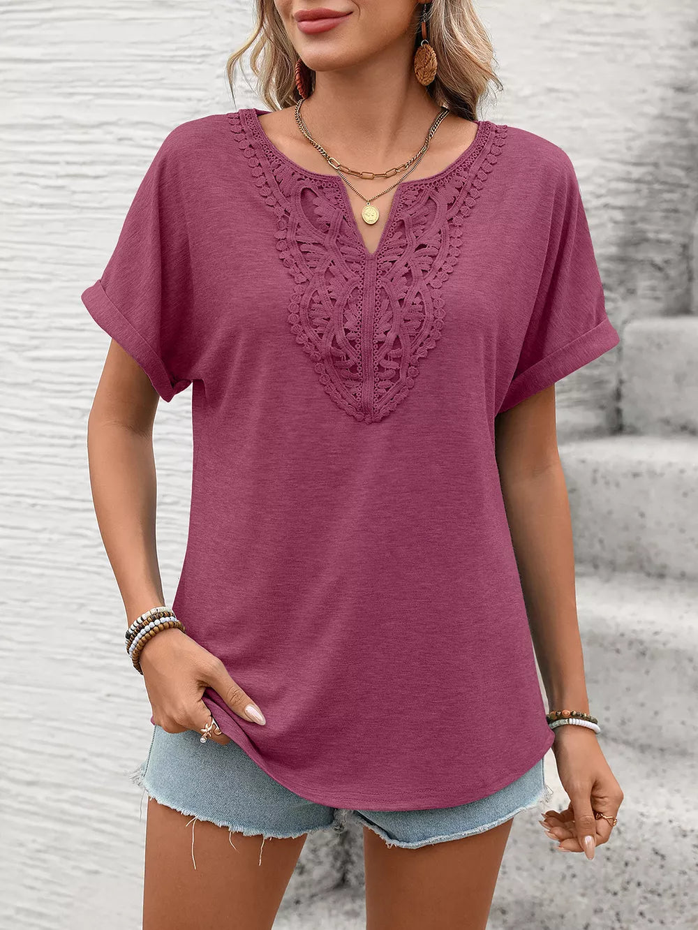 Pink lace-trimmed relaxed fit t-shirt with V-neck and cuffed short sleeves