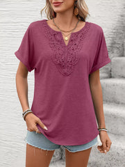 Pink lace-trimmed relaxed fit t-shirt with V-neck and cuffed short sleeves