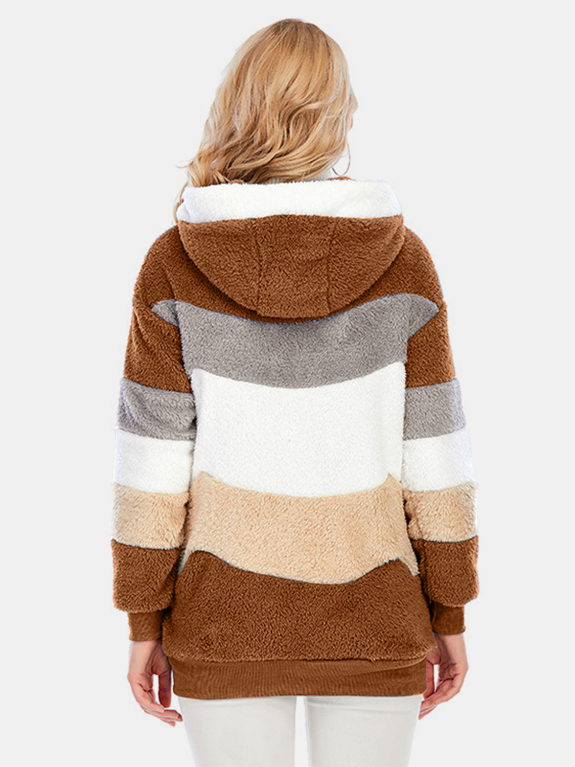 Teddy fleece zip-up hoodie with horizontal color blocks in brown, tan, white, and grey.