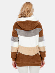 Teddy fleece zip-up hoodie with horizontal color blocks in brown, tan, white, and grey.