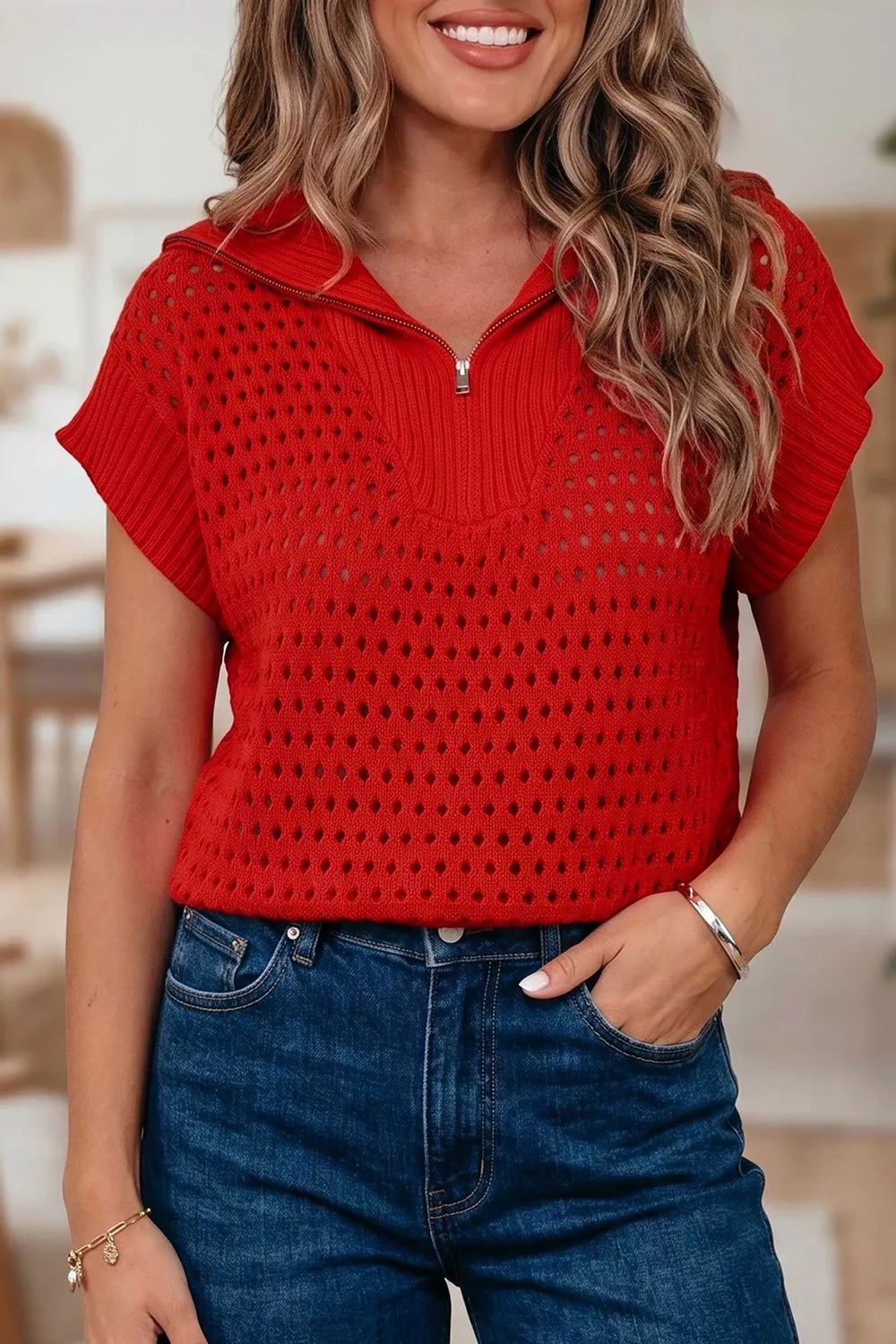 Openwork Quarter-zip Knit Top, front view