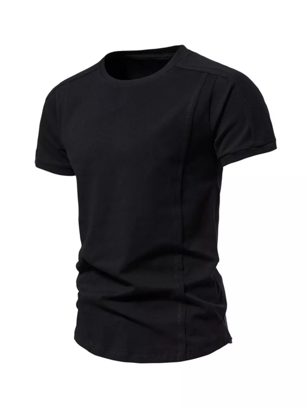 Black cotton tactical t-shirt with round neck and seam details