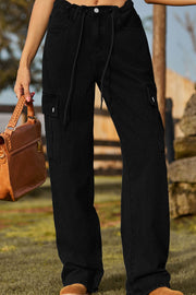 Black denim cargo pants with drawstring waist and utility pockets.