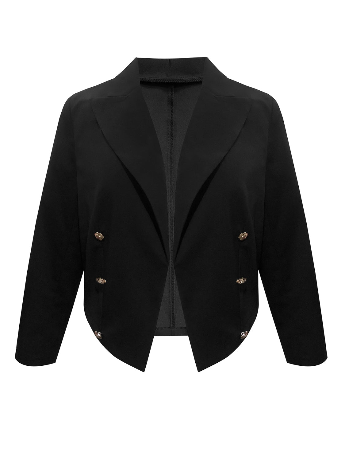 Black cropped military blazer with sculpted shoulders and gold buttons