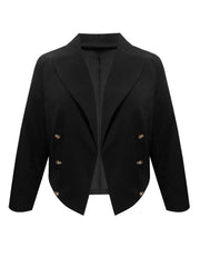 Black cropped military blazer with sculpted shoulders and gold buttons