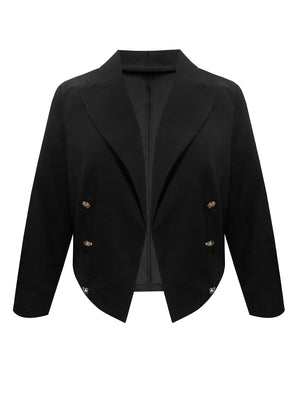 Black cropped military blazer with sculpted shoulders and gold buttons