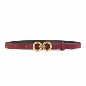 Red cowhide leather belt with double circle gold buckle