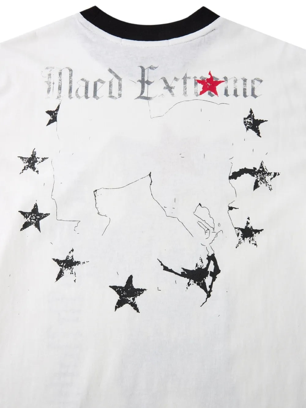 Men's white cotton spandex t-shirt with black and silver graphic print and red star detail.