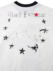 Men's white cotton spandex t-shirt with black and silver graphic print and red star detail.