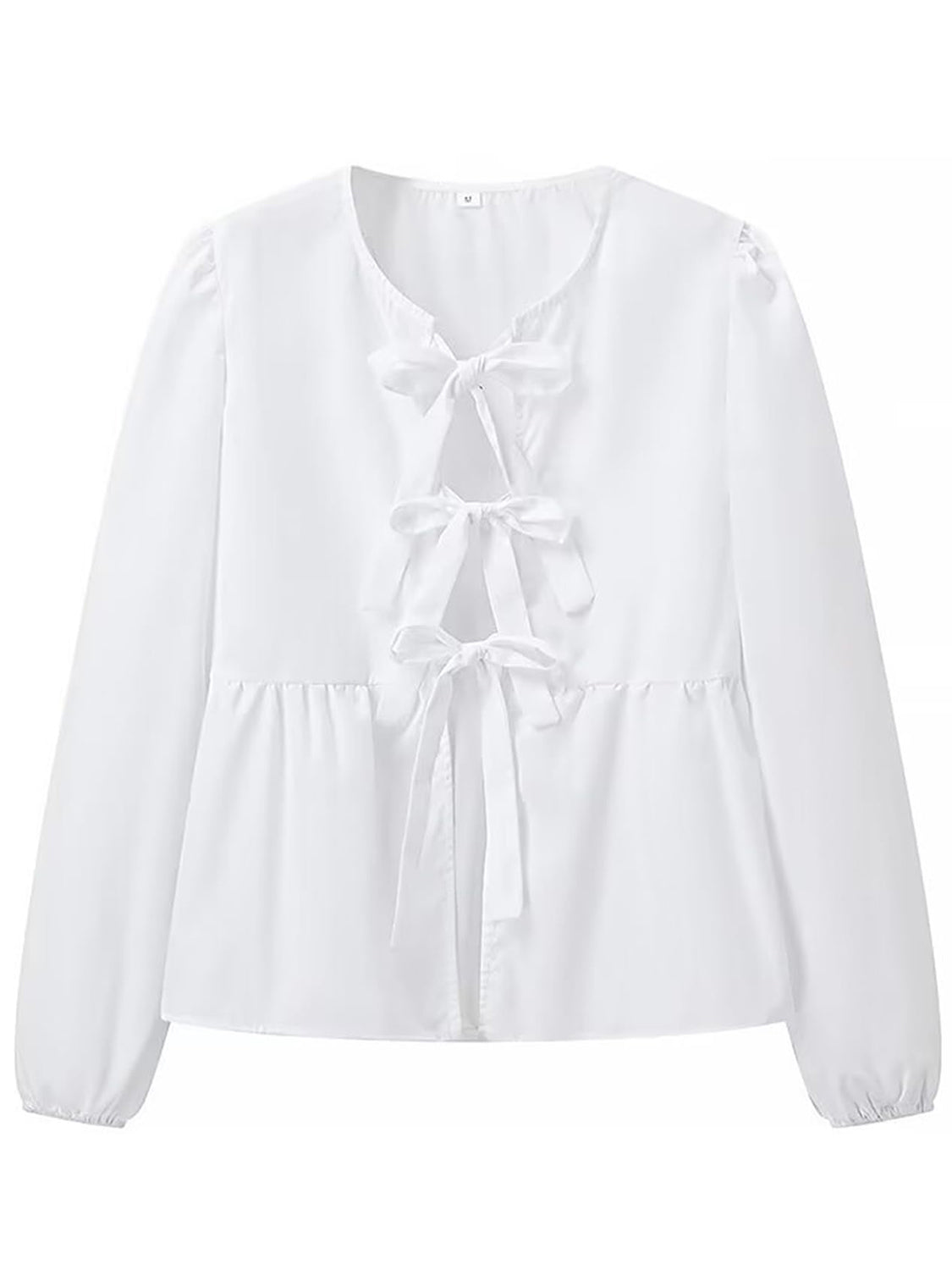 White tie-front peplum blouse with voluminous sleeves and bow details