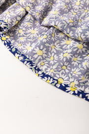 Daisy print smocked peplum blouse in dusty blue 100% viscose with contrast trim