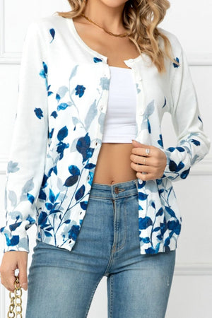 White crewneck cardigan with blue botanical print and buttons
