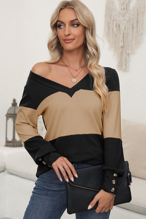Contrast panel sweater in black and khaki with button cuff detail and V-neck.