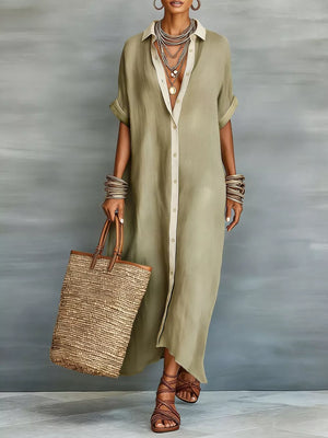 Short Sleeve Maxi Shirt Dress Plus Size in Khaki Color, front view