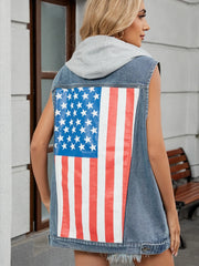 Denim vest with American flag back panel and grey hood.