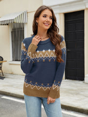 Fair Isle yoke knit sweater in deep teal with brown and white pattern, crew neck, long sleeves, acrylic blend.