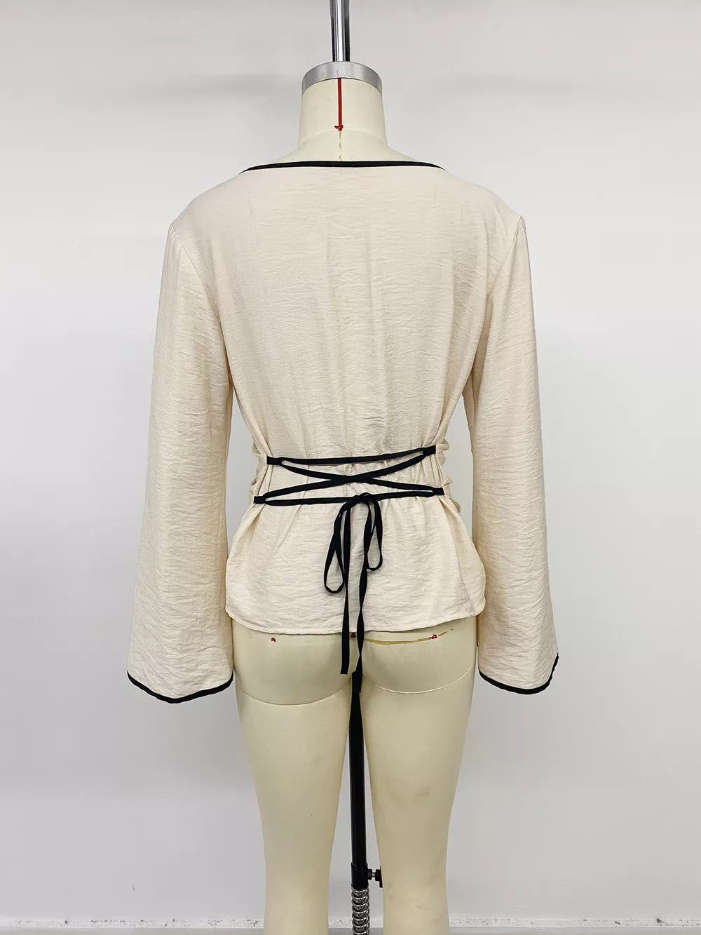 Contrast Trim Flare Sleeve Blouse in Beige, view 12