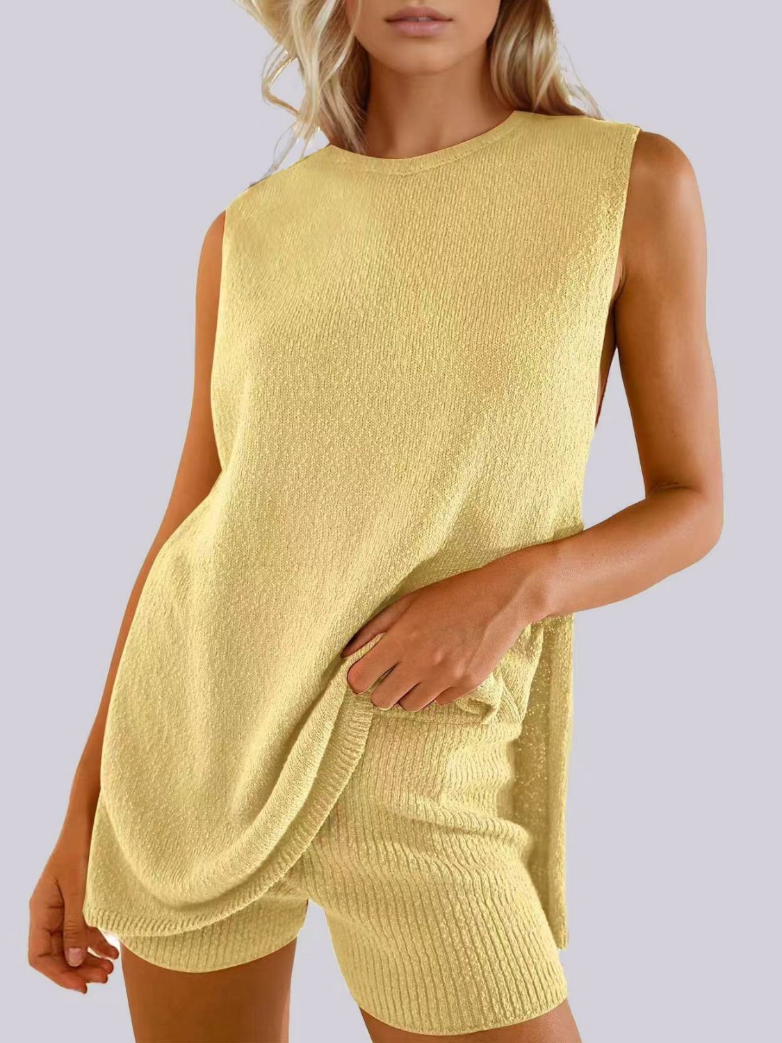 Textured knit tank and short set in dark blue, Tiffany blue, dust storm, black, or yellow.