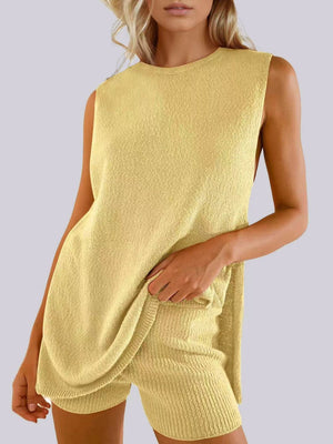 Textured knit tank and short set in dark blue, Tiffany blue, dust storm, black, or yellow.