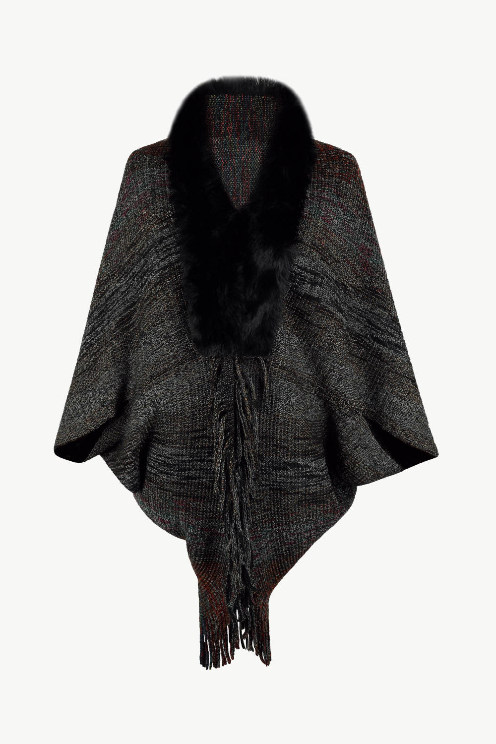 Textured knit cape in Dark Gray with faux fur collar and fringe detail.