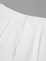 White two-piece set pants detail with pleats and snap closure