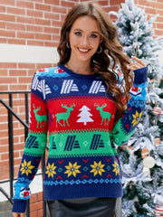 Holiday Fair Isle knit sweater in navy with reindeer, trees, and snowflake patterns.