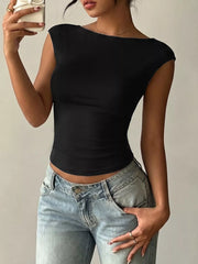Black cap-sleeve t-shirt with wide neckline and lace trim detail