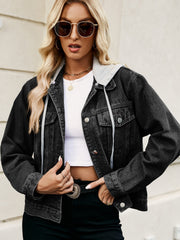 Black hooded denim jacket with contrast grey hood and drawstring detail.