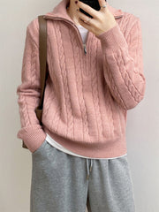 Dusty Pink cable knit quarter-zip pullover sweater with a silver zipper and ribbed cuffs.