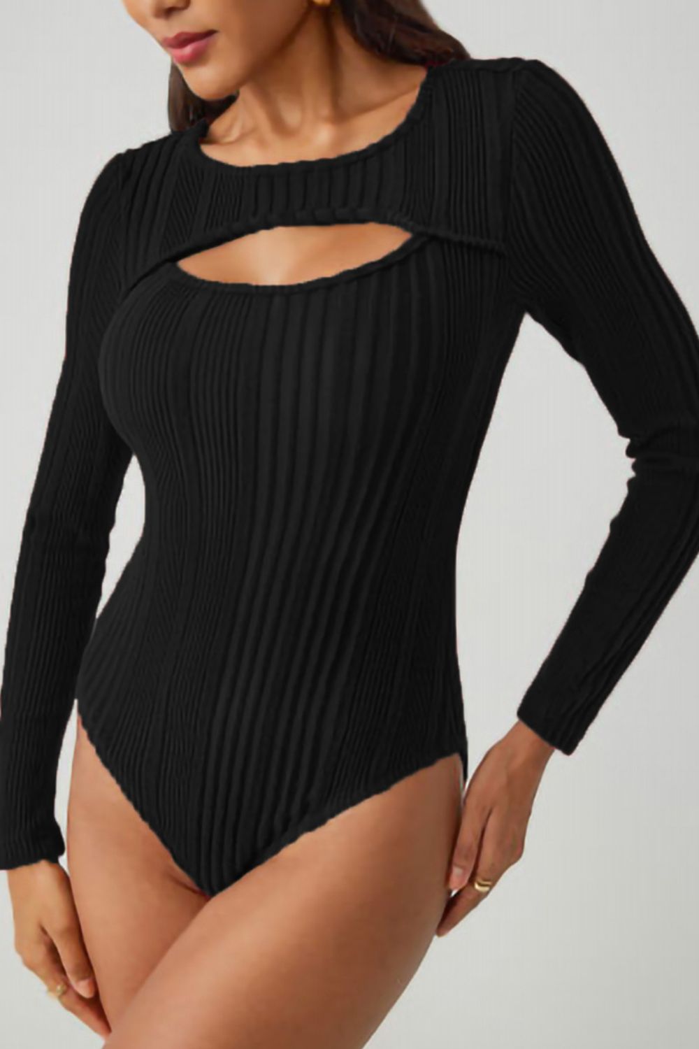 Black ribbed long sleeve bodysuit with keyhole cutout detail