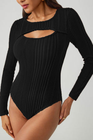 Black ribbed long sleeve bodysuit with keyhole cutout detail