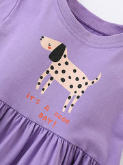 Purple cotton blend toddler dress with playful dog graphic and text.