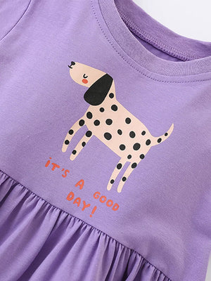 Purple cotton blend toddler dress with playful dog graphic and text.