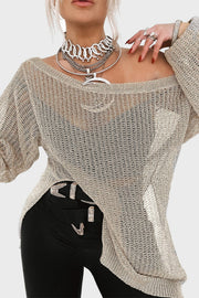 Off-shoulder metallic knit top in khaki with a loose fit and side slits.